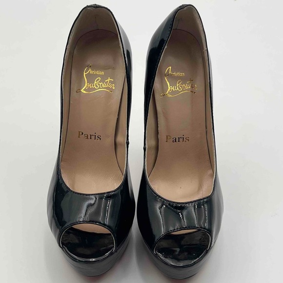 CHRISTIAN LOUBOUTIN Lady Peep Heels Size 37 Black Patent Leather Pumps Shoes - Picture 1 of 11